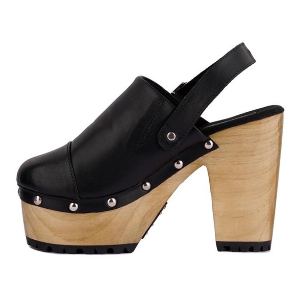 Black Slingback High Block Platform Heeled Organic Cotton Lined Clogs - Picture 4 of 6